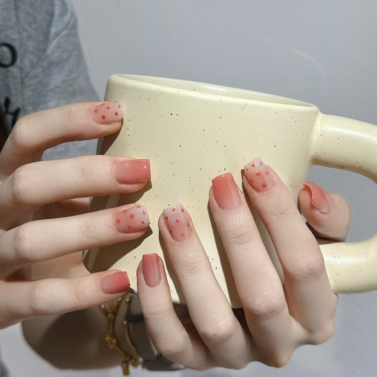 Charming Spring Vibe Elegant Short Square Blush Pink with Dotted Design Press on Nail Set