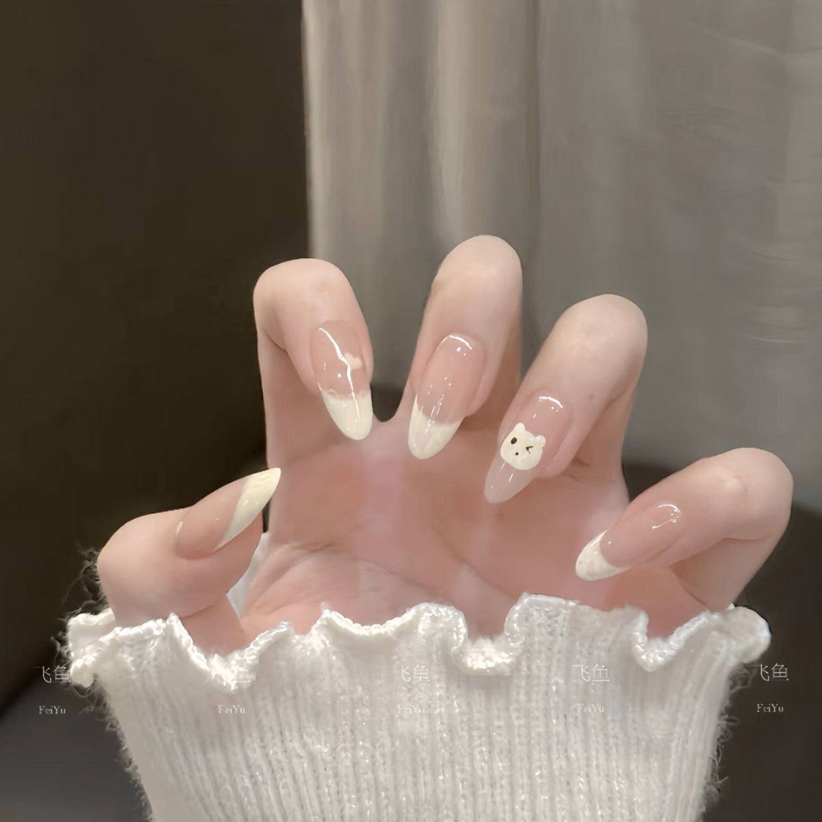 Cozy Winter Wonderland Long Almond Beige with White Tips and Cute Bear Design Press On Nail Set