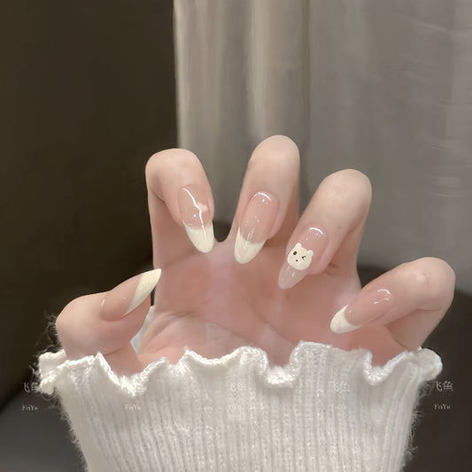 Cozy Winter Wonderland Long Almond Beige with White Tips and Cute Bear Design Press On Nail Set