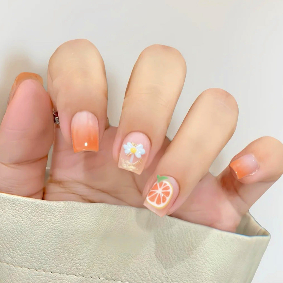 Citrus Dream Short Square Peach Ombre Press On Nail Set with Floral and Fruit Accents