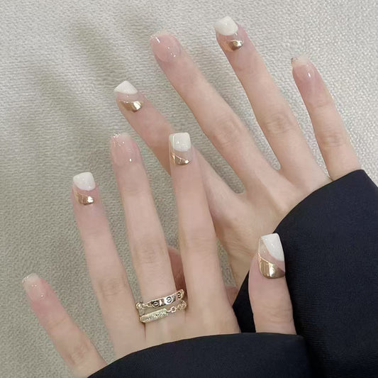 Glamorous Elegance Short Square White with Gold Accent Press On Nail Set