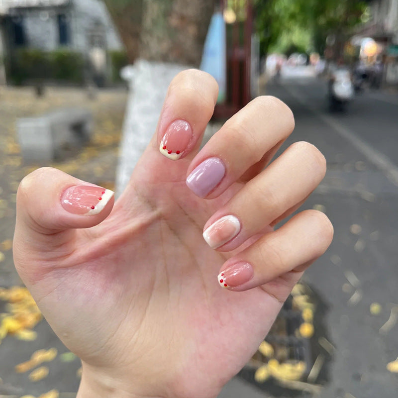 Charming Blooms Press-On Nail Set Short Square Pink and Soft Red Dot Accents