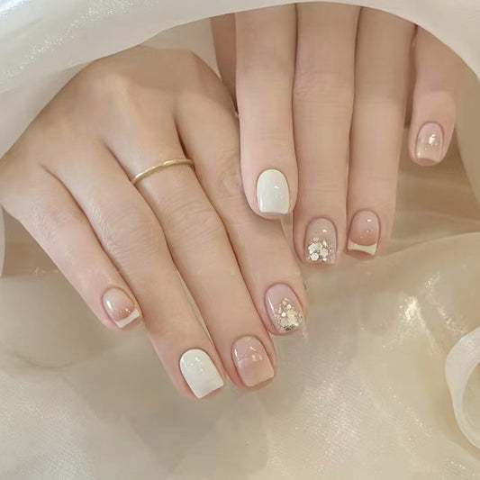 Elegant Blossom Chic Short Square Glossy White with Sparkling Floral Accents Press On Nail Set