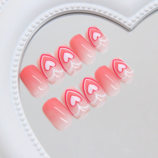 Romantic Blossom Short Square Pink Ombre with Heart Outline Design Press On Nail Set