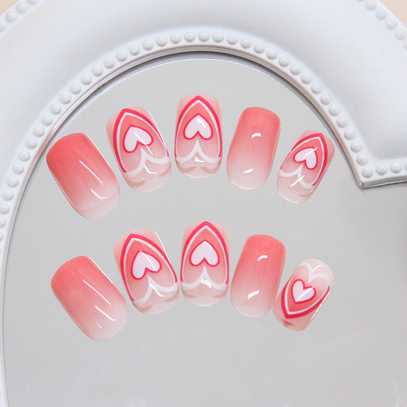 Heartfelt Romance Short Square Pink Ombre Press On Nail Set with Charming Heart Accents