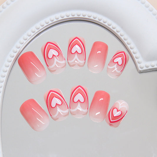 Heartfelt Romance Short Square Pink Ombre Press On Nail Set with Charming Heart Accents