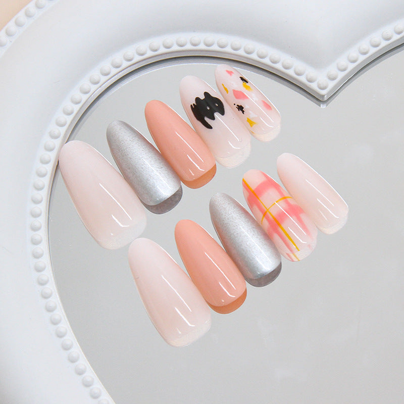 Autumn Elegance Long Almond Pink and Silver Press-On Nail Set with Stylish Artistic Accents
