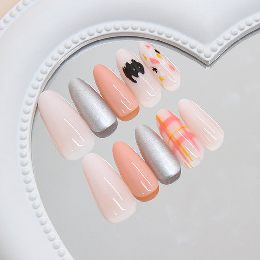 Autumn Elegance Long Almond Pink and Silver Press-On Nail Set with Stylish Artistic Accents