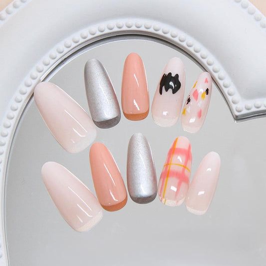 Charming Autumn Elegance Long Almond Shaped Peach Pink Metallic Silver and Artistic Design Nail Set