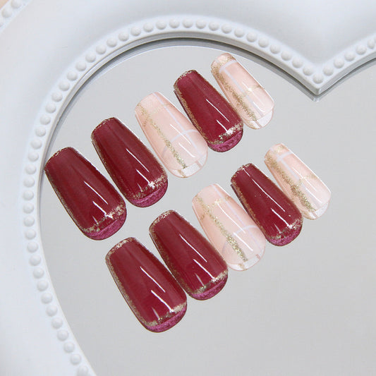 Chic Elegance Long Coffin Burgundy and Soft Pink Press On Nail Set with Golden Accents
