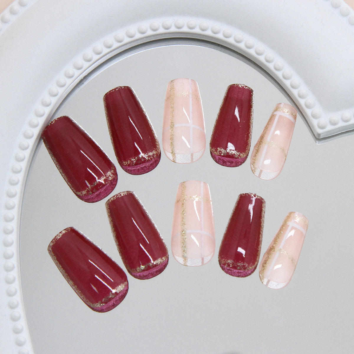 Elegant Evening Glamour Long Coffin Burgundy and Beige with Glitter Accent Press-On Nail Set