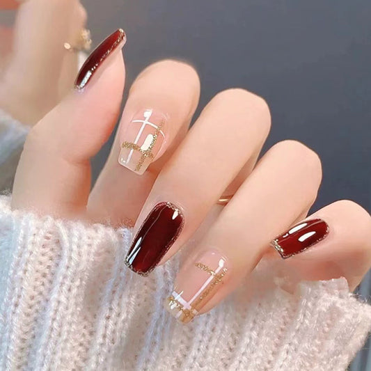 Elegant Glamour Long Coffin Burgundy and Clear Nails with Gold Accent Design