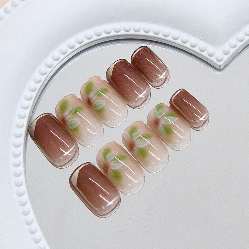 Garden Serenity Short Square Pink and Brown Press On Nail Set with Floral Accents