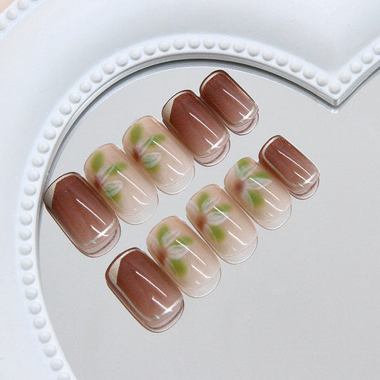 Garden Serenity Short Square Pink and Brown Press On Nail Set with Floral Accents