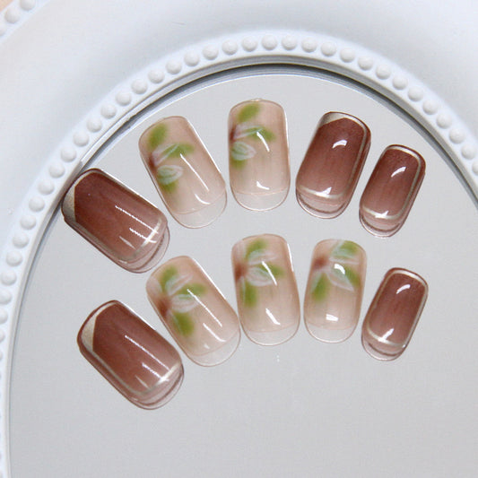 Nature's Embrace Medium Square Transparent Brown with Botanical Art Press On Nail Set