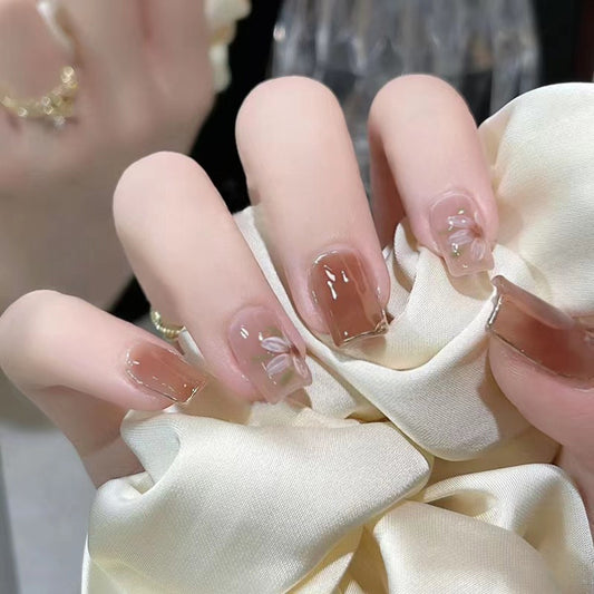 Elegant Garden Inspired Medium Square Brown Gradient Press On Nail Set with Floral Accents