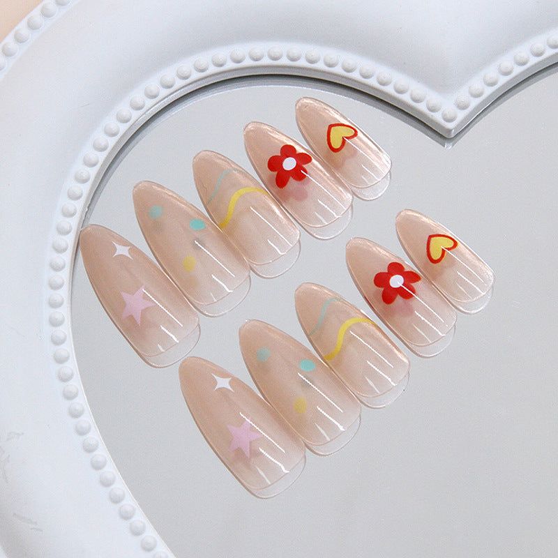 Whimsical Garden Inspired Long Almond Shaped Soft Pink Press on Nails with Cute Floral and Heart Decorations