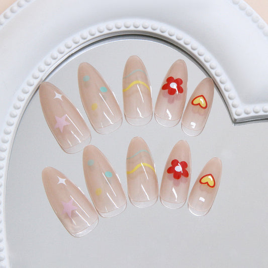 Whimsical Garden Long Almond Pink Floral Design Press On Nail Set