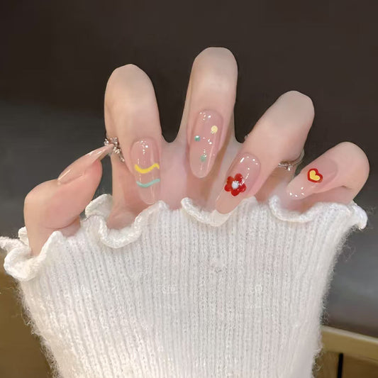 Boho Charm Long Almond Clear Nail Set with Colorful Hand-Painted Decor