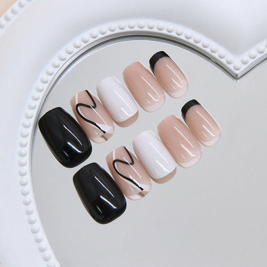 Chic Elegance Medium Coffin Neutral and Black French Tip Design Press On Nail Set