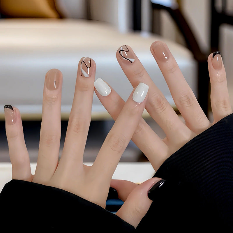 Chic Elegance Medium Coffin Natural Shades with Artistic Line Design Press on Nail Set