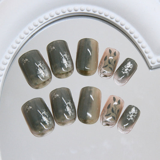 Whimsical Elegance Short Square Gray Ombre with Delicate Leaf Print Press-On Nail Set