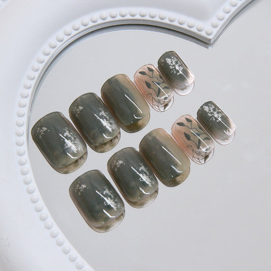 Elegant Nature Inspired Short Square Gray and Pink Press On Nail Set with Artistic Leaf Design