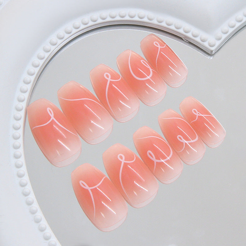 Chic Serenity Medium Coffin Blush Pink Gradient with Elegant White Line Design Press On Nail Set