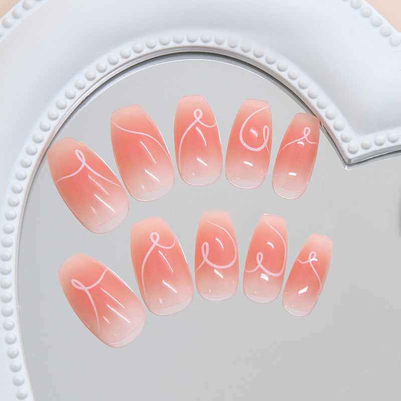 Blush Blossom Dreamy Medium Coffin Shaped Gradient Pink Press On Nail Set with Whimsical White Swirls