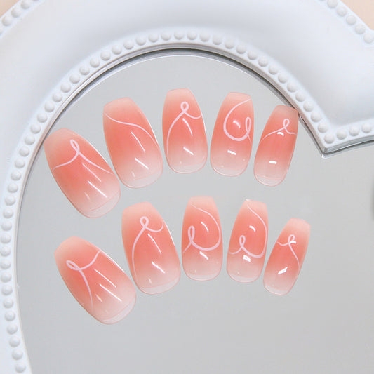 Blush Blossom Dreamy Medium Coffin Shaped Gradient Pink Press On Nail Set with Whimsical White Swirls
