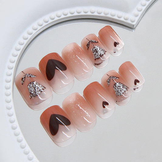 Whimsical Romance Short Square Soft Pink with Artistic Heart and Silver Floral Accents Press On Nail Set