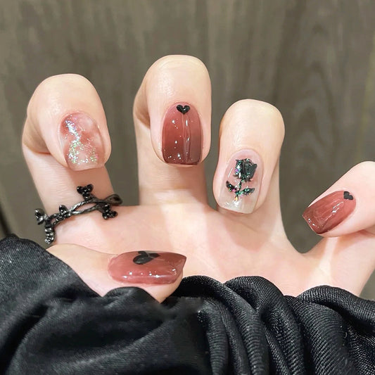 Enchanting Elegance Short Square Rusty Brown with Heart and Floral Accents Press On Nail Set