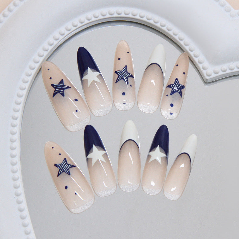 Celestial Dream Navy and White Gradient Long Almond Press-On Nail Set with Star Accents