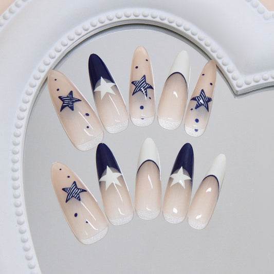 Celestial Dream Navy and White Gradient Long Almond Press-On Nail Set with Star Accents