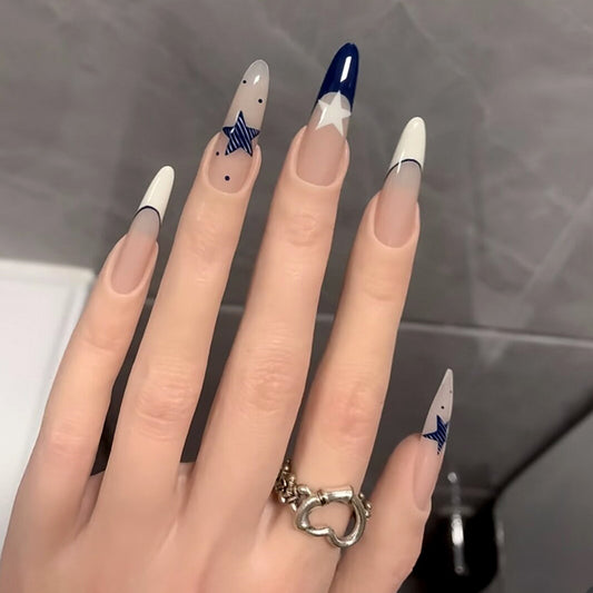 Galactic Starry Night Long Almond Ombre Blue and White Press On Nail Set with Star Accents