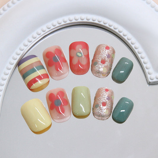 Whimsical Floral Dream Short Square Multicolor Vibrant Patterns Press-On Nail Set