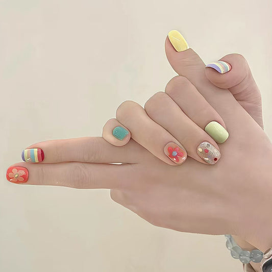 Whimsical Garden Vibrant Short Square Multi-Color Floral Accents Nail Set