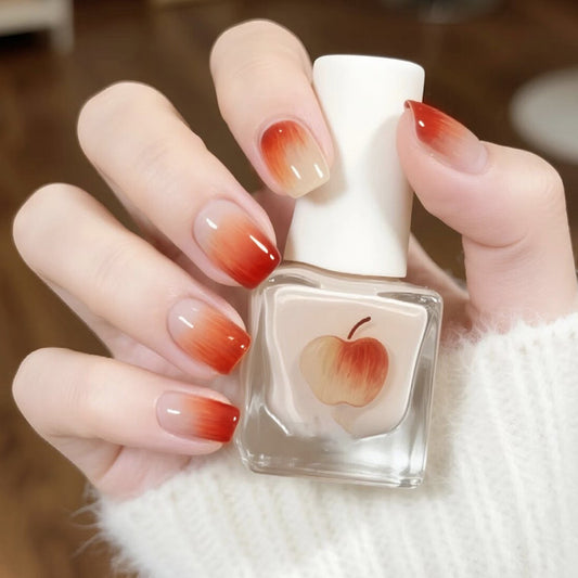 Autumn Delight Medium Square Gradient Red to Beige Press-On Nail Set with Chic Apple Design