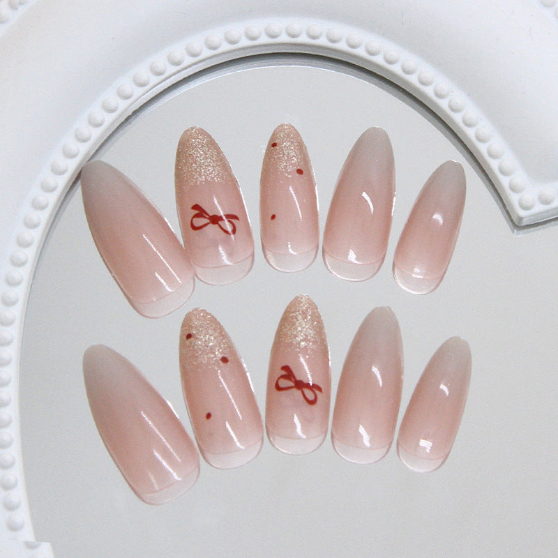 Charming Elegance Long Almond Blush Pink Press On Nail Set with Glitter Accent and Bow Detailing