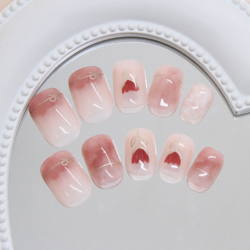 Blossom Dream Floral Short Square Pink Ombre Press On Nail Set with Elegant Leaf Design