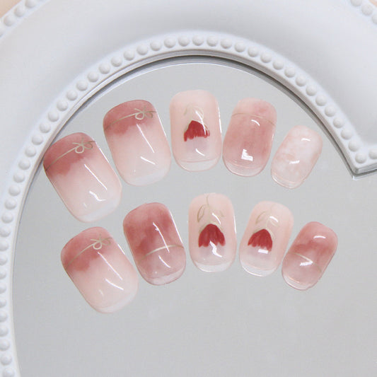 Blossom Dream Floral Short Square Pink Ombre Press On Nail Set with Elegant Leaf Design