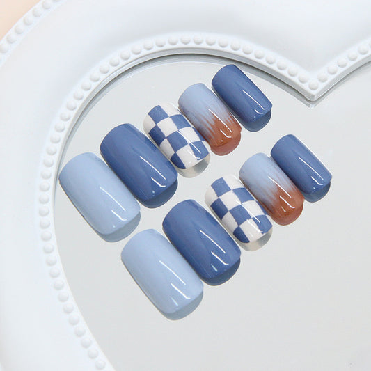Beachy Blues Elegant Medium Square Press On Nail Set with Ombre and Checkered Design