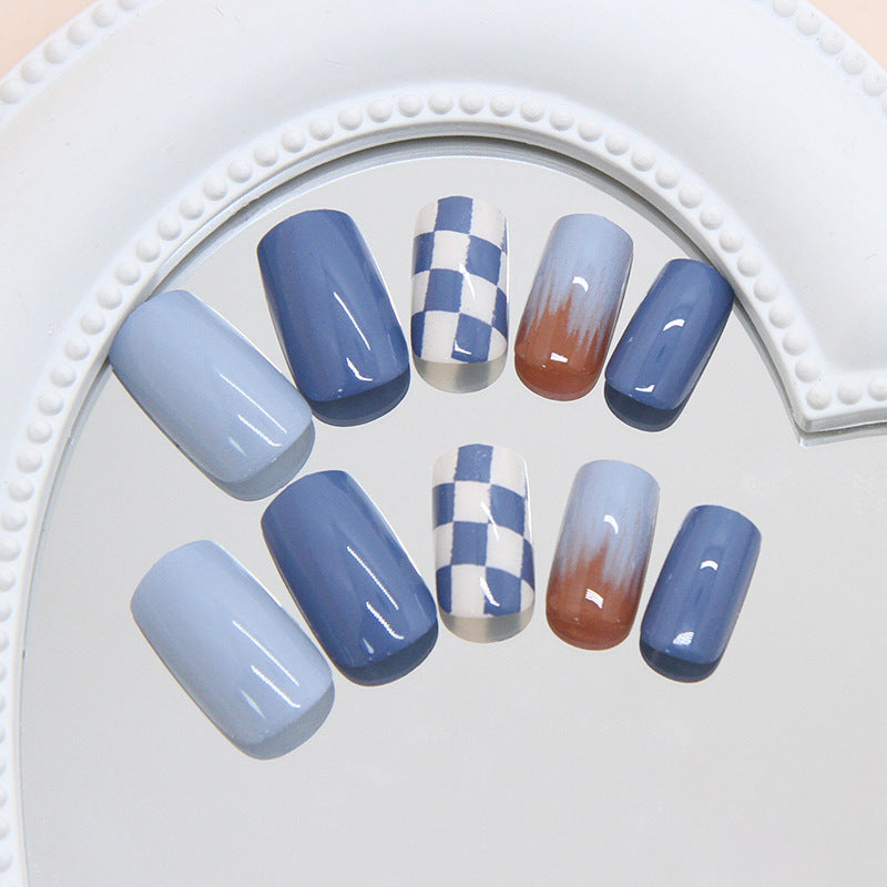 Coastal Charm Medium Square Blue Ombre and Checker Pattern Press-On Nail Set