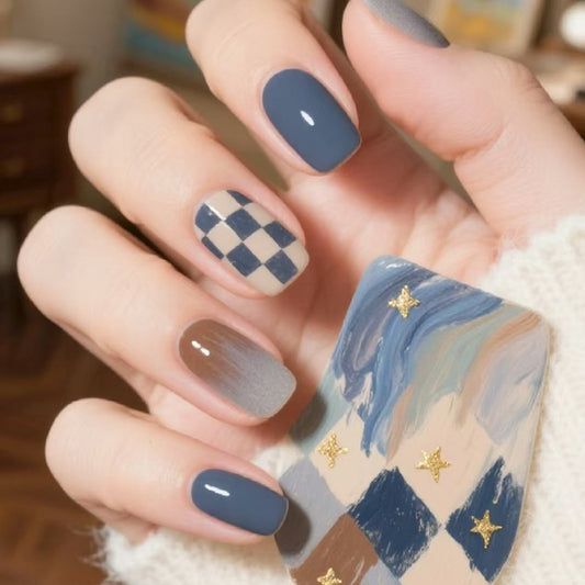 Chic Elegance Medium Square Navy Blue with Unique Checkerboard and Star Design Press On Nail Set