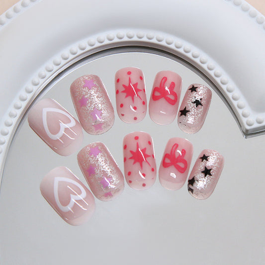 Romantic Glamour Short Square Pink Sparkle with Heart and Star Pattern Press On Nail Set
