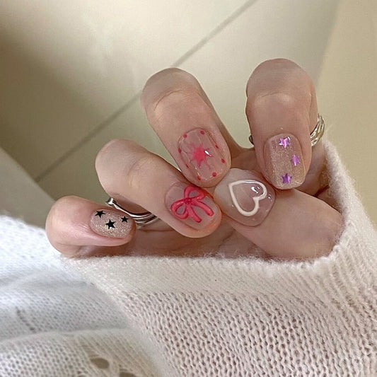 Charming Romance Short Square Pink with Glittering Stars and Heart Designs Press On Nail Set