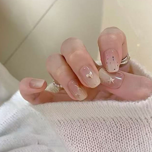 Dreamy Elegance Short Square Beige Ombre with Glitter Stars and Heart Accents Press On Nail Set