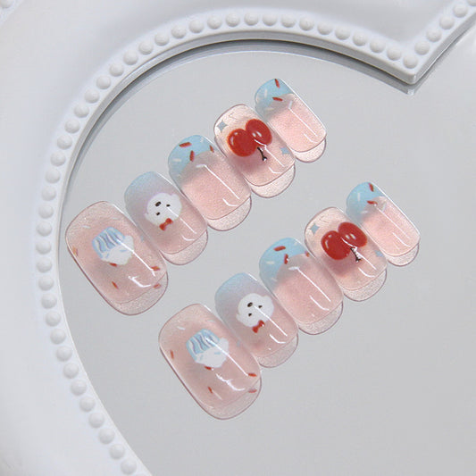 Joyful Celebration Pink Short Square Press-On Nail Set with Whimsical Balloon and Dessert Designs