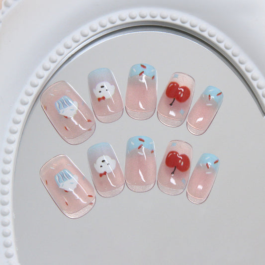 Sweet Delight Pastel Press On Nail Set Short Square Transparent Blue with Whimsical Dessert Designs