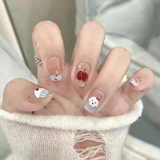 Whimsical Dessert Delight Short Square Clear Red and Blue Cupcake and Bear Design Press on Nail Set